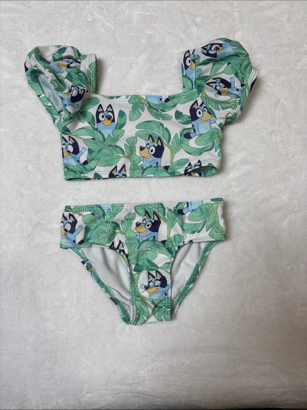Bluey Girls Green Leaf & Blue Character Two-Piece Swim Bikini